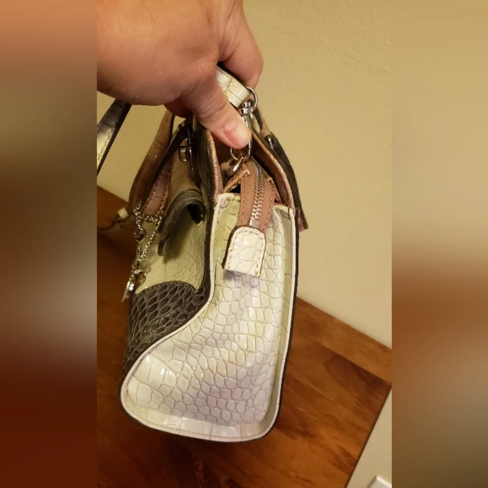 Guess Croc-Embossed Satchel in Pink Gray and Cream